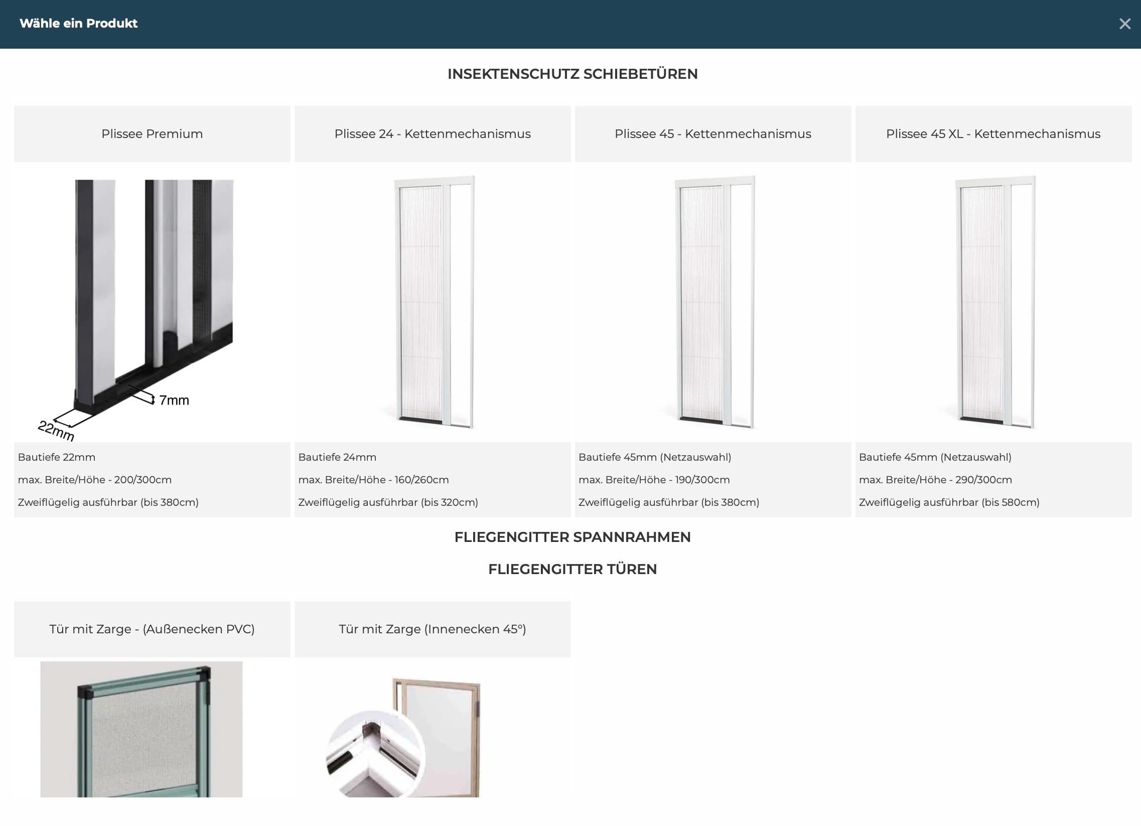 Insektenschutz Online Konfigurator Produktsortiment